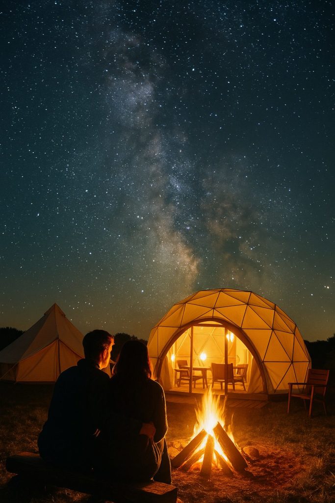 星空の下で楽しむグランピング｜ドームテントと焚き火を囲むカップルの夜