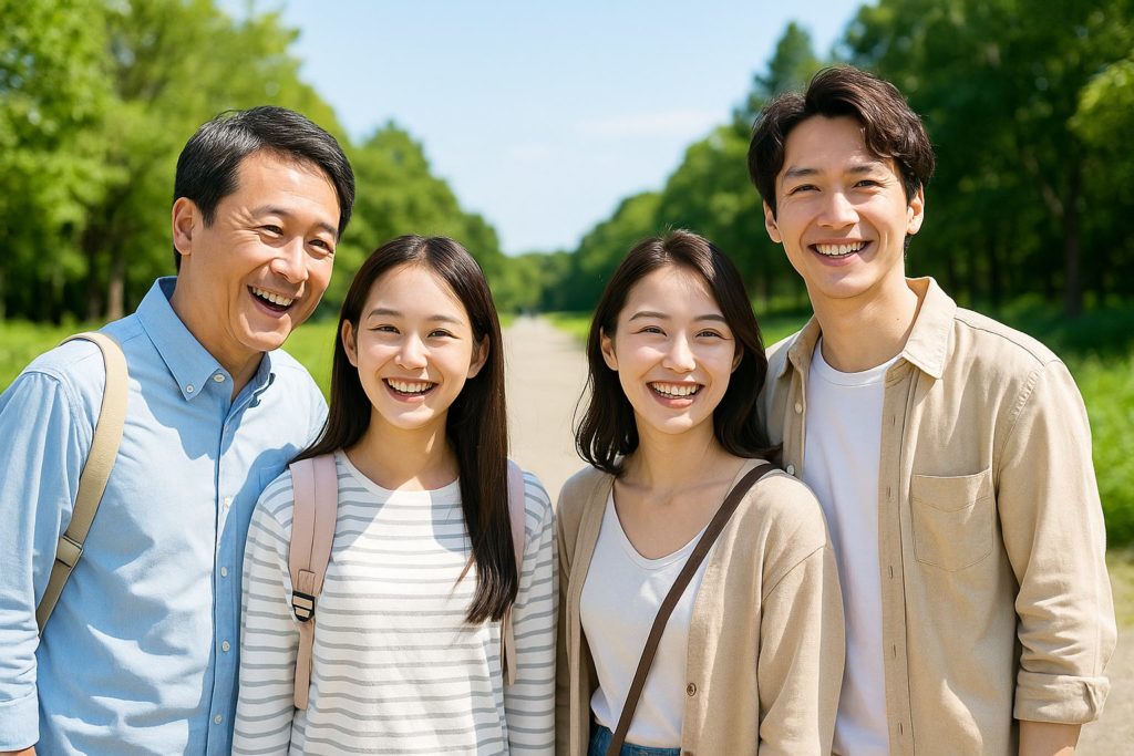 自然の中で笑顔を見せる家族とカップル。マダニ対策をして安心して外出を楽しむ様子。
